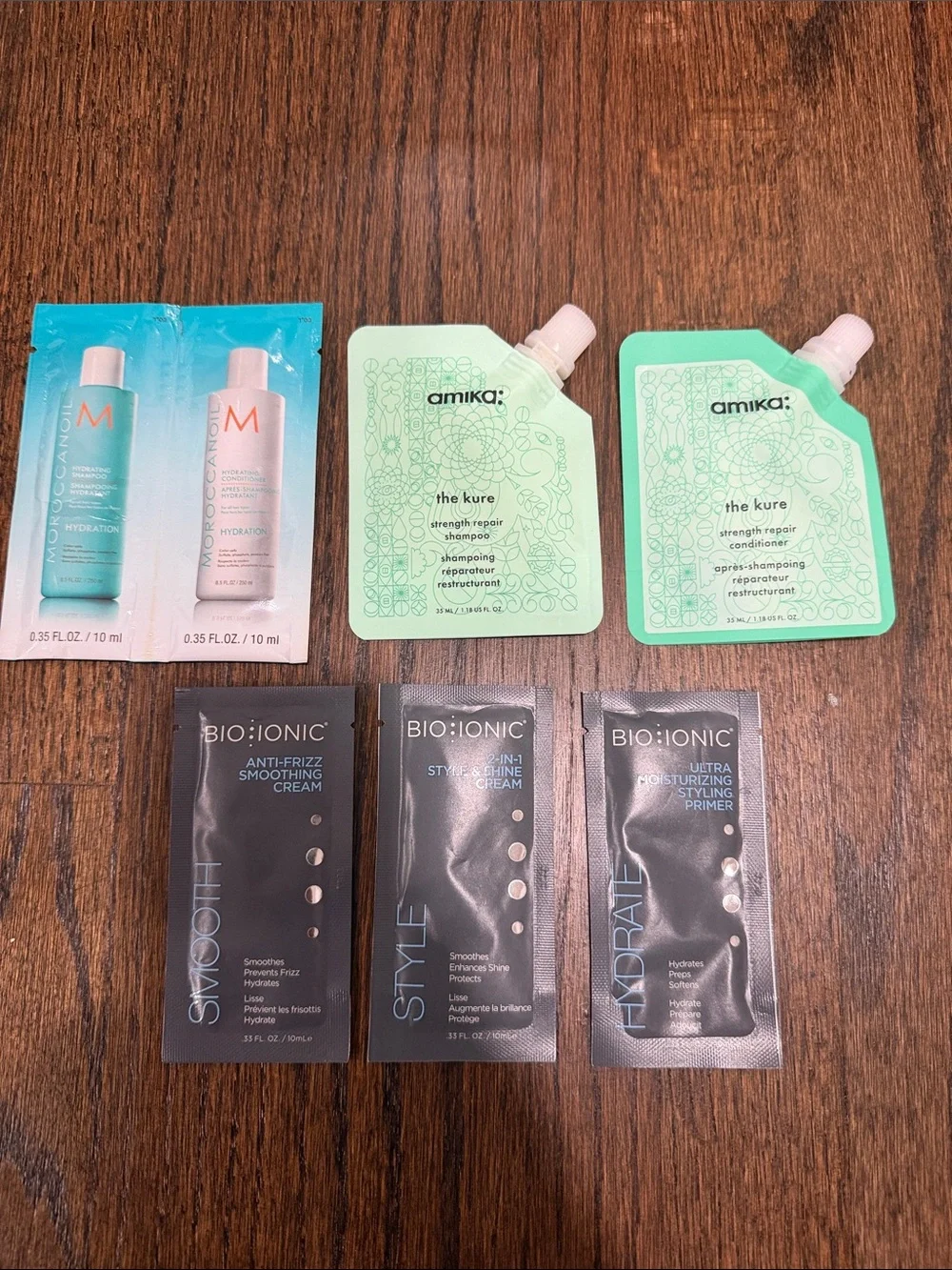Travel hair products- Moroccan oil, Amika, and Bio Ionic